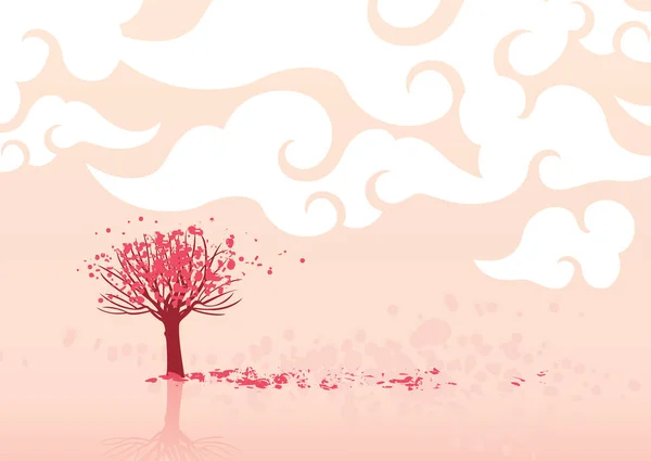 Декоративный Пейзаж Розовым Цветущим Деревом Небом Облаками Векторная Иллюстрация Стиле — стоковый вектор
