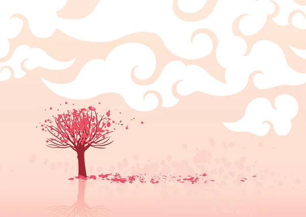 Paisaje Decorativo Con Árbol Rosado Flor Cielo Con Nubes Ilustración — Archivo Imágenes Vectoriales