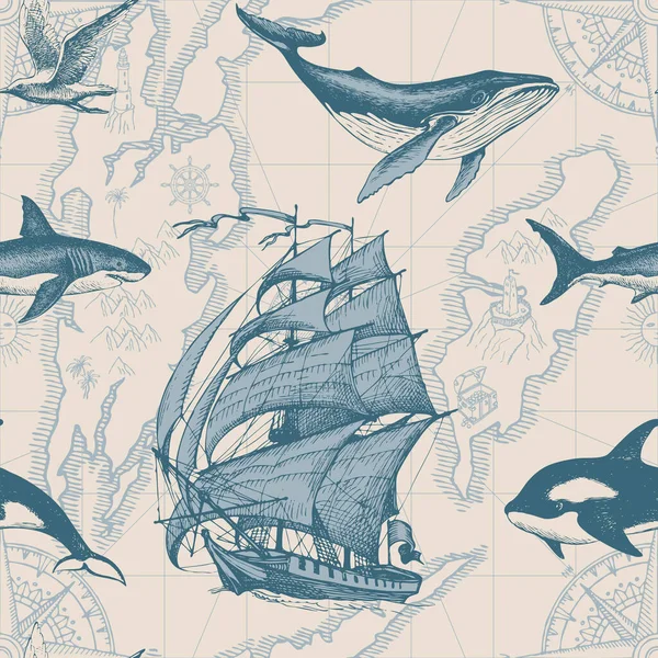 海の旅 発見をテーマにしたベクトル抽象的なシームレスなパターン レトロなスタイルで島 手描きの帆船や様々な海の住民と古い地図の背景 — ストックベクタ