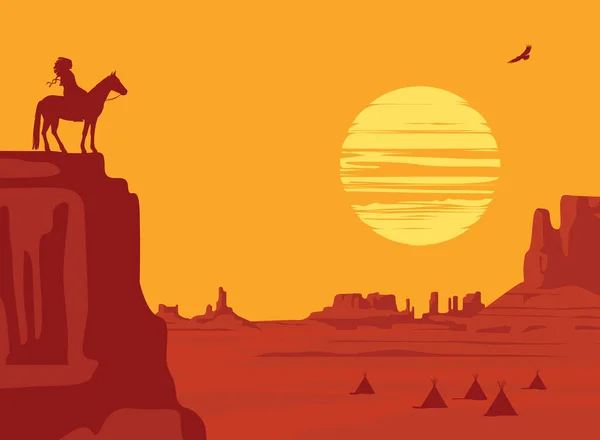 野生のアメリカの草原とオレンジの夕日の崖の上に馬に乗ってインドの指導者のシルエットとベクトル西部の風景 装飾的なイラスト ワイルドウエストヴィンテージの背景 — ストックベクタ