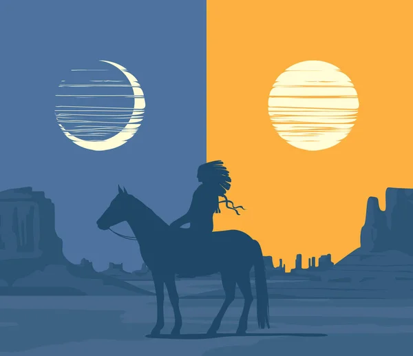 野生のアメリカの草原と馬の上に一人のインド人のシルエットとベクトル西部の風景 アメリカ先住民の昼と夜の装飾的なイラスト ヴィンテージワイルドウエストの背景 — ストックベクタ