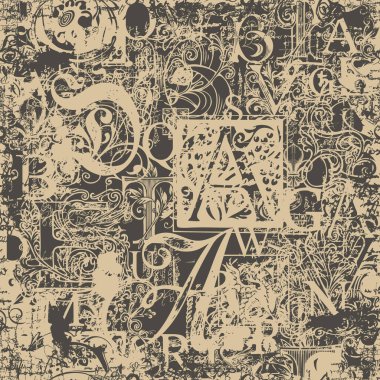 Karanlık bir arkaplanda karalamalar ve harflerle soyut bir arka plan oluşturun. Süslü alfabe harfleri grunge tarzında dekoratif ve pürüzsüz desen. Duvar kağıdı, ambalaj kağıdı ve tekstil için uygun.