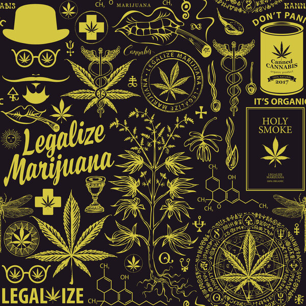 Vector seamless pattern on the theme of marijuana legalization. Repeatable background with hand-drawn hemp leaves, cannabis plant, hipster face, other sketches and inscriptions on the black backdrop