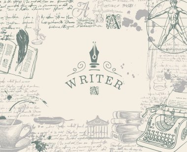 Writer workspace. Vector banner on a writers theme with sketches and place for text. Vintage artistic illustration with hand-drawn typewriter, books, handwritten scribbles and notes with ink blots clipart