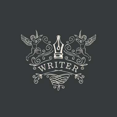 Writer logo, icon, vignette or label with hand-drawn nib, angels, and curlicues. Vector banner or illustration on a literary theme in vintage style on a black background. Drawing chalk on a blackboard clipart