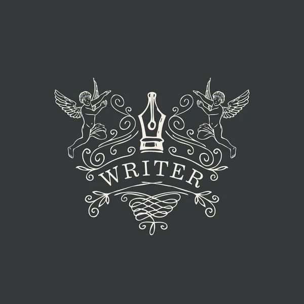 Логотип Иконка Виньетка Этикетка Нарисованными Вручную Перьями Ангелами Кудрями Векторный — стоковый вектор