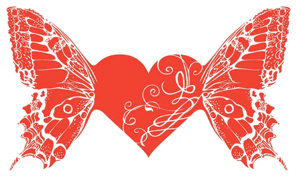 Kelebek Kanatlı Kırmızı Kalp Beyaz Arka Planda Izole Edilmiş Güzel — Stok Vektör