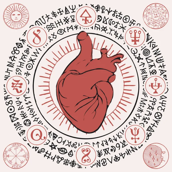 古代の象形文字 中世のルーン文字 ベージュの背景に円で書かれた精神的なシンボルを模した聖書のフレーミングに赤い人間の心 ベクターイラスト バナー マスコット — ストックベクタ