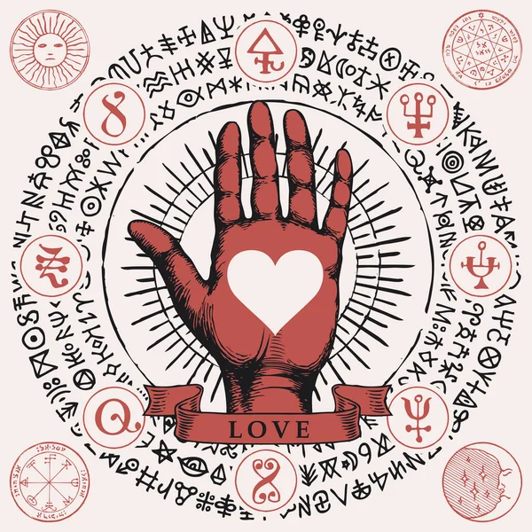 古代の象形文字 中世のルーン文字 円で書かれた精神的なシンボルを模倣した聖書のフレーミング内の赤い開いた手と心 愛ベクトルイラスト バナー マスコット — ストックベクタ