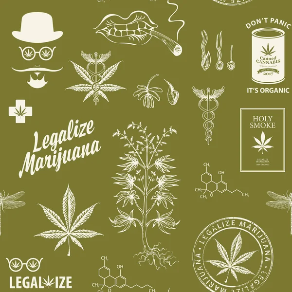 Patrón Sin Costura Vectorial Estilo Retro Sobre Tema Legalización Marihuana — Vector de stock