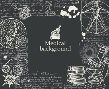 Eskizler, karalamalar, okunaksız notlar ve metin için mekan içeren tıbbi geçmiş. Tahtaya tebeşir çizmek. Tıp, kimya, biyoloji, genetik konularında geçmişe dönük illüstrasyon