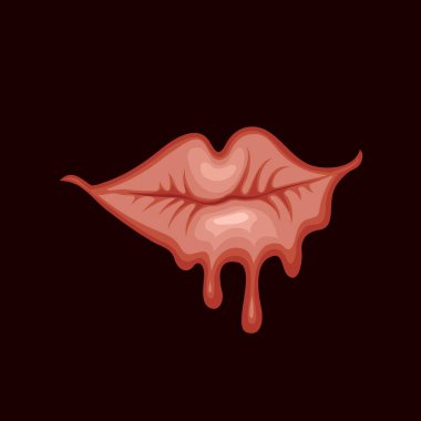 Siyah arka plana damlayan seksi bir dişi ağzı olan vektör pankartı. Şehvetli bir ağız, çekici bir gülümseme. Genç bir kız ya da kadının ıslak, sulu dudakları. Tişört ya da dövme tasarımı