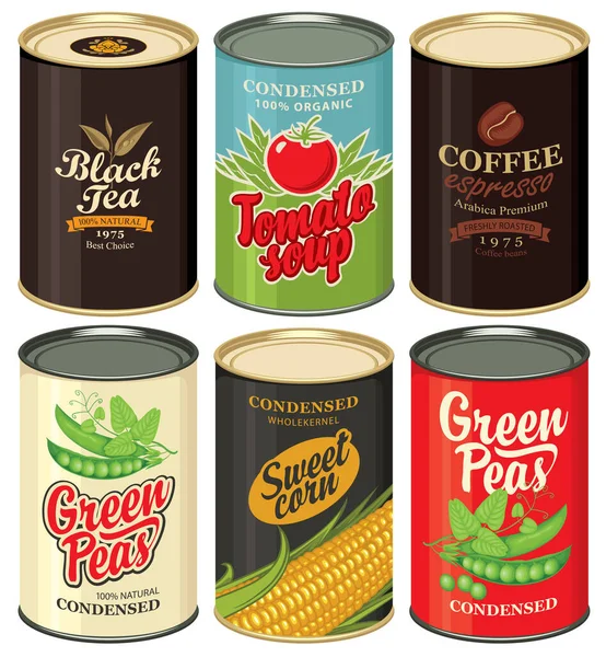 レトロなフード缶 緑のエンドウ豆 甘いトウモロコシ トマトスープ コーヒーのラベル付き錫缶のベクトルイラストのセット 缶詰食品 長期保存製品 — ストックベクタ