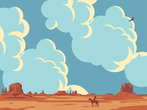 Praderas Calientes Silueta Indio Caballo Paisaje Vectorial Con Jinete Solitario — Archivo Imágenes Vectoriales