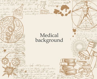 Eskizler, karalamalar, okunaksız girdiler, notlar ve metin için yer. Tıp, kimya, biyoloji, genetik tema üzerine retro stil el çizimi vektör illüstrasyonu.