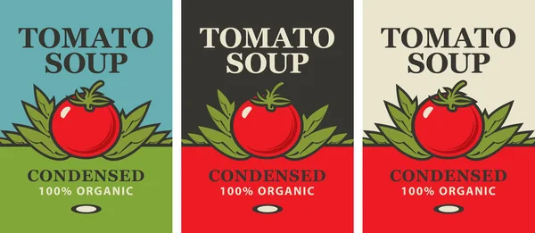 レトロなスタイルで凝縮トマトスープのラベル 熟した赤いトマトと碑文のイメージと有機トマトスープのためのベクトルラベルまたはバナーのセット — ストックベクタ