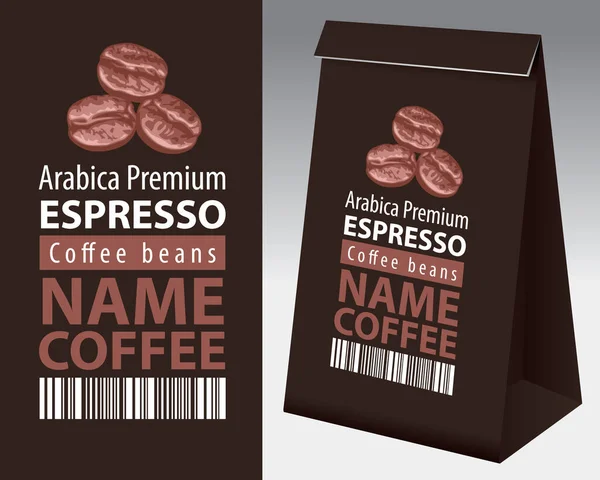 コーヒー豆のラベルと紙の包装 このラベルとコーヒー豆 バーコード テキストと黒の紙の3Dパッケージとベクトルコーヒーラベル — ストックベクタ