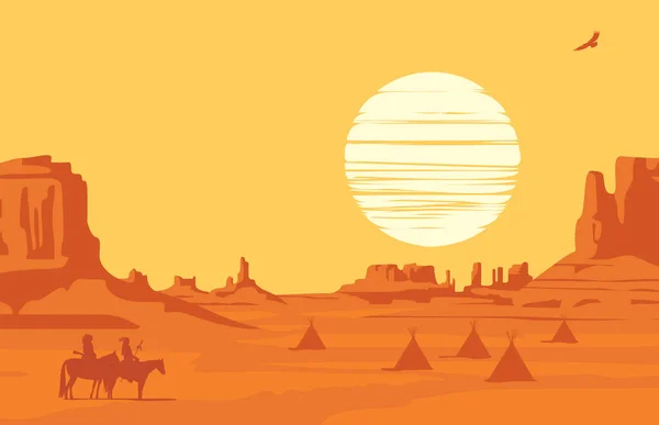 Vecteur Paysage Occidental Coucher Soleil Orange Avec Des Silhouettes Indiens — Image vectorielle