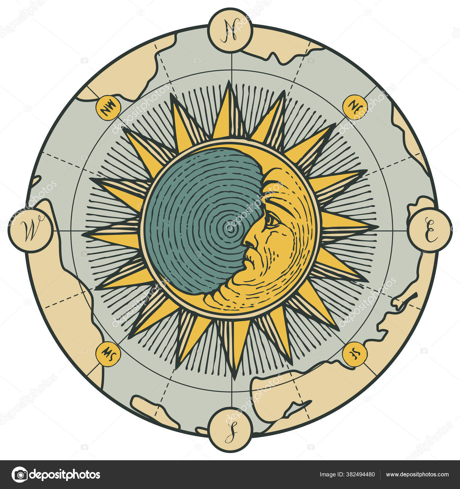 Hand Drawn Moon Sun Old Map Vintage Style Vector Decorative Stock Vector by  ©paseven 382494480, image size:1600x1700