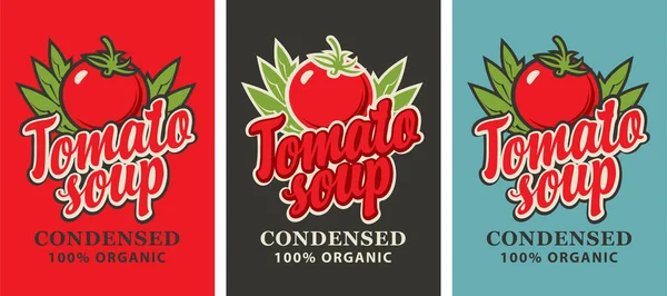 レトロなスタイルで凝縮トマトスープのラベル 赤い熟したトマトと碑文のイメージと有機トマトスープのためのベクトルラベルまたはバナーのセット — ストックベクタ