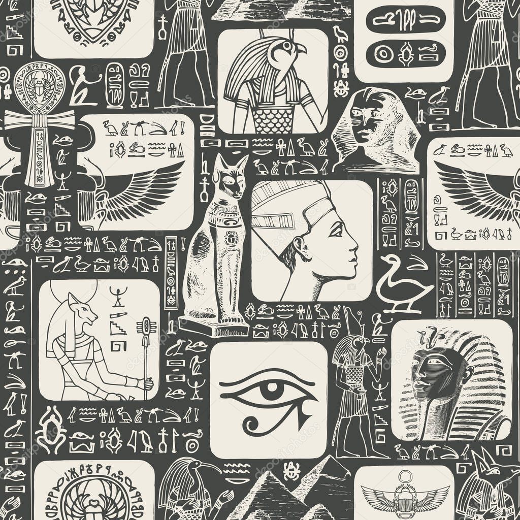 Ancient Egypt seamless pattern with the hieroglyphs are randomly selected and do not make sense. Vector black and white background with sketches, suitable for Wallpaper, wrapping paper, fabric