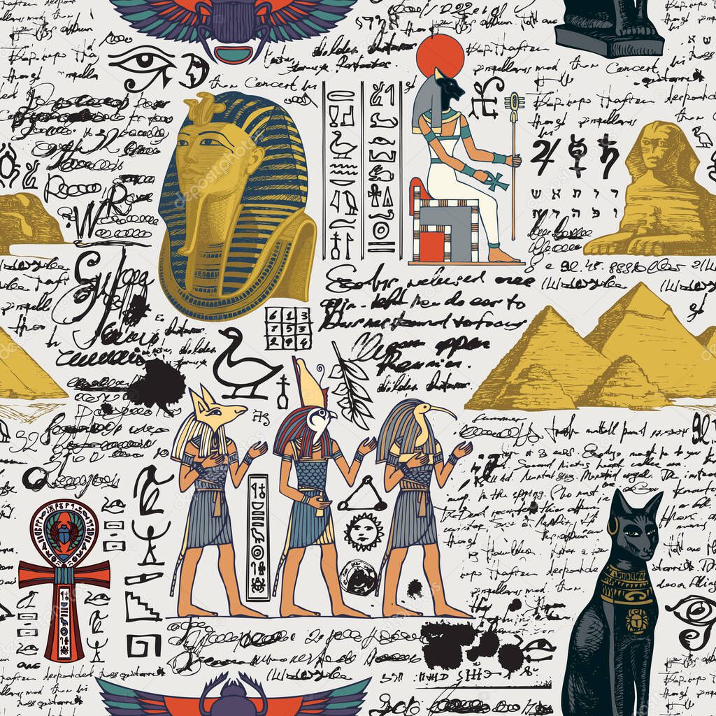 Seamless pattern on an Ancient Egypt theme with color images of Egyptian gods and unreadable scribbles in retro style. Vector abstract background. Suitable for Wallpaper, wrapping paper, fabric