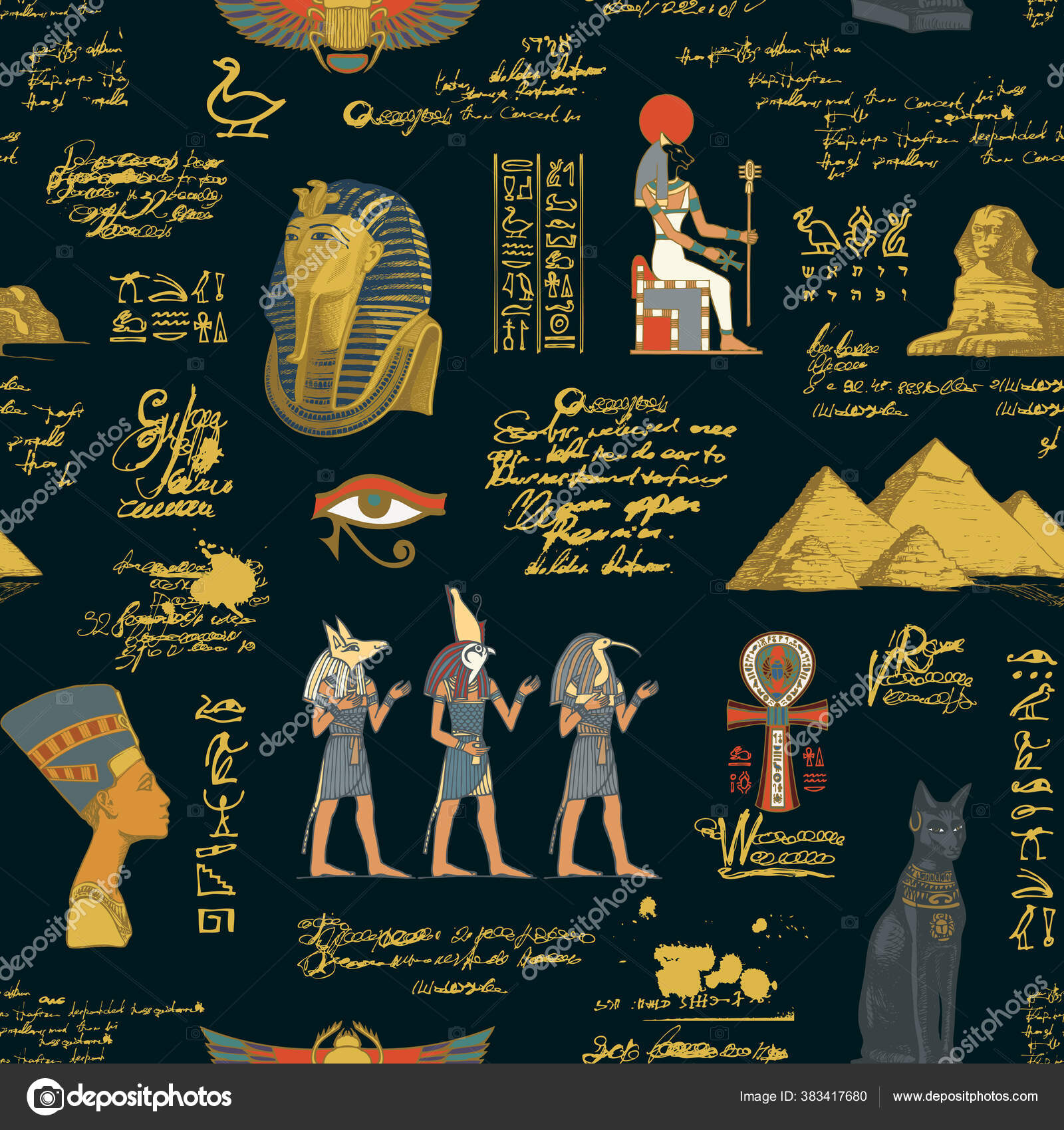 Seamless Pattern Ancient Egypt Theme Colored Images Illegible Scribbles Black Vector Image By C Paseven Vector Stock