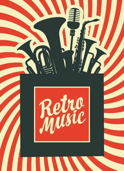 Retro Muziekposter Met Muziekinstrumenten Decoratieve Vectorillustratie Met Blaasinstrumenten Saxofoon Microfoon — Stockvector