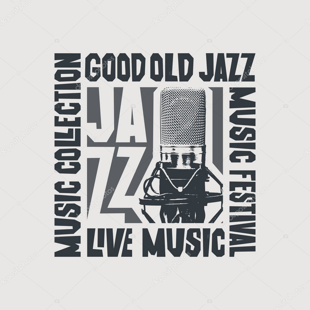 Jazz music poster for a concert or festival with a microphone and decorative lettering. Good old jazz, music collection. Vector illustration for flyer, invitation, playbill, banner, cover, advertising