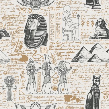 Ancient Egypt seamless pattern with hand-drawn Egyptian gods and unreadable scribbles in retro style. Vector abstract repeating background. Suitable for Wallpaper, wrapping paper, fabric clipart