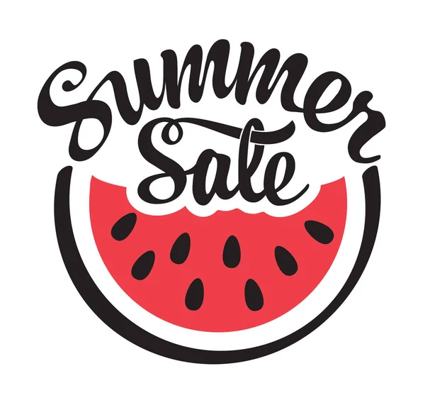 Summer Sale Lettering Bitten Piece Watermelon Vector Promotional Banner Calligraphic — Stock Vector