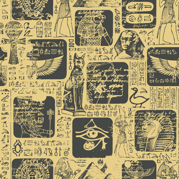 Ancient Egypt seamless pattern with sketches and scribbles. The hieroglyphs are randomly selected and do not make sense. Vector abstract background suitable for Wallpaper, wrapping paper, fabric
