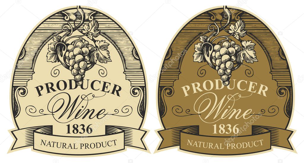 Wine labels with a bunch of grapes, a ribbon and a calligraphic inscription in a figured frame. Vector set of two elegant hand-drawn labels in vintage style