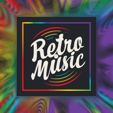 Kaligrafik harflerle yazılmış bir müzik posteri. Retro müzik ve çok renkli bir kare plak. Pankart, poster, el ilanı, davetiye, kapak, broşür, kart, davetiye