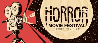 Korku filmi festivali. Eski bir film projektörü ve dolunayı olan vektör posteri. Korku sineması. Korku filmi gecesi. Poster, afiş, ilan, bilet, davetiye, web tasarımı, ilan panosu için elverişli