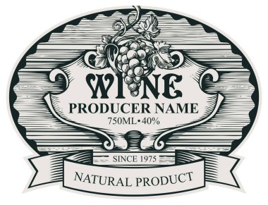 Bir demet üzümlü şarap etiketi ve oval çerçeveli bir kurdele. Vintage tarzında vektör el çizimi etiket