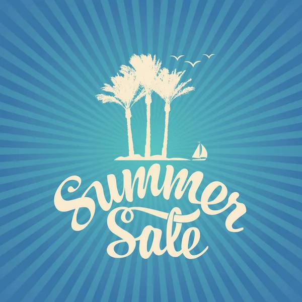 Summer Sale Decorative Lettering Palm Trees Sailboat Blue Background Rays — Stock Vector