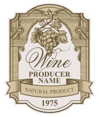 Bir demet üzümlü şarap etiketi, bir kurdele ve figür çerçeveli yazıtlar. Vintage tarzında vektör el çizimi etiket