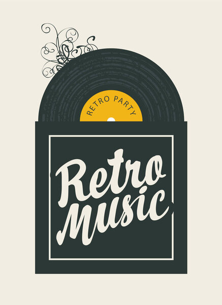 Banner with an old vinyl record and calligraphic lettering for retro music party. Decorative illustration, suitable for poster, placard, flyer, brochure, card, invitation.