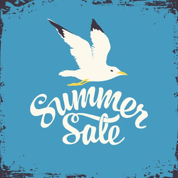 Summer Sale Banner Seagull Blue Background Vector Illustration Retro Style — Stock Vector