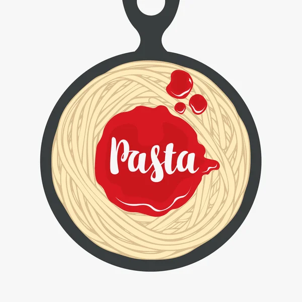 Appetizing Pasta Ketchup Black Frying Pan Retro Style Italian Traditional — Stock Vector