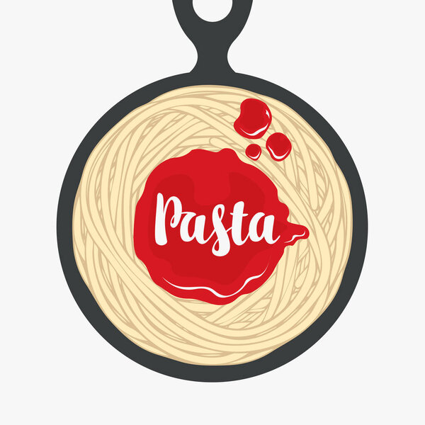 Appetizing pasta with ketchup in a black frying pan in retro style. Italian traditional food. Vector banner or menu for a restaurant with spaghetti, tomato sauce and the calligraphic inscription Pasta