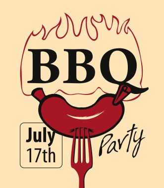 Barbekü ya da barbekü partisi davetiyesi. Düz bir tarzda vektör pankartı. Çatal ve yazıtlarda kızarmış sosis var.