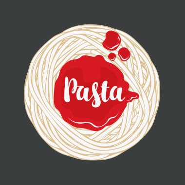 Siyah arka planda ketçaplı lezzetli makarna. İtalyan geleneksel mutfağı. Spagetti, domates sosu ve kaligrafik makarnalı bir restoranın pankartı veya menüsü.