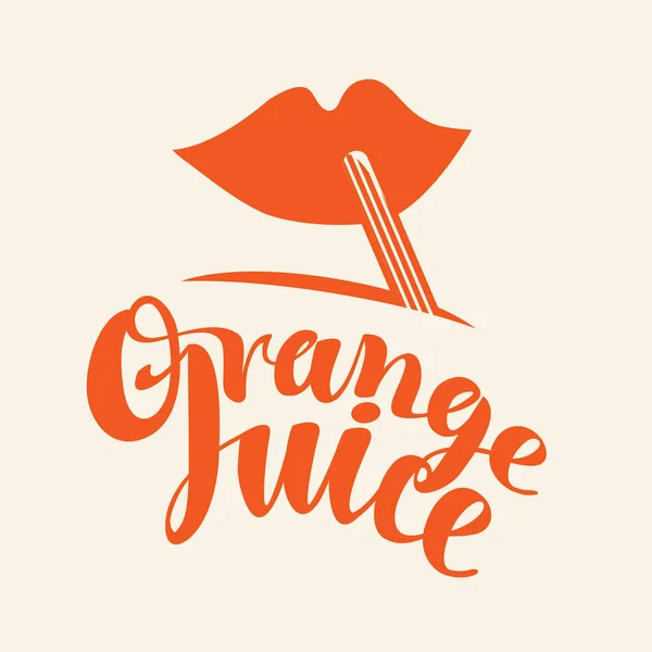 Orange Juice Icon Emblem Cartoon Girly Lips Drinking Straw Handwritten — Stock Vector