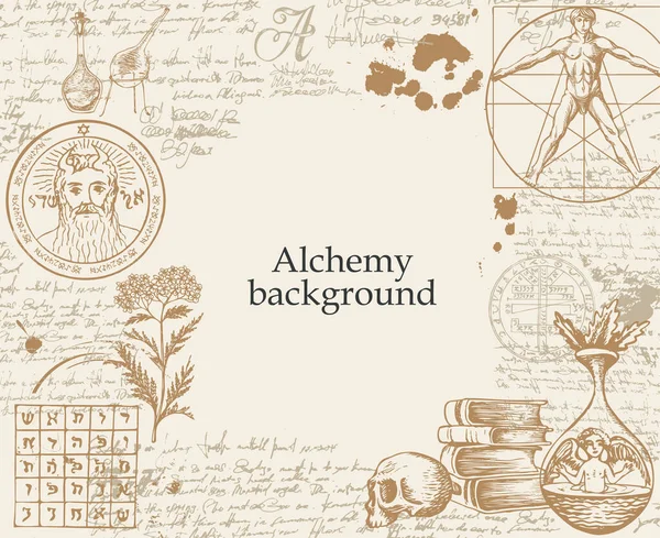 Sfondo Alchemico Illustrazione Artistica Epoca Tema Alchemico Con Schizzi Disegnati — Vettoriale Stock