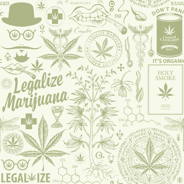 Legalize marijuana. Seamless pattern in retro style with hemp leaves, cannabis plant, hipster face, caduceus and other sketches. Vector repeatable hand-drawn illustration on a light green background