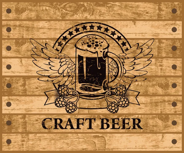 Etiqueta Banner Para Cerveja Artesanal Com Copo Cerveja Lúpulo Asas — Vetor de Stock