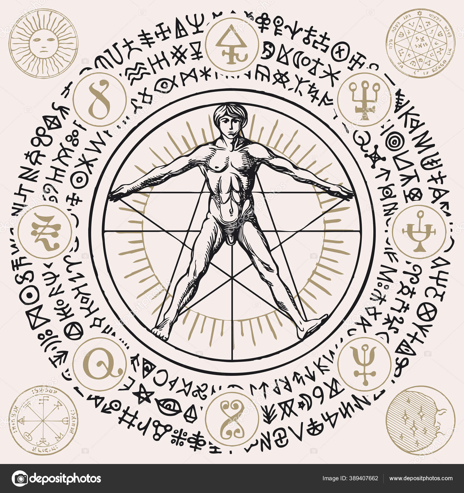Illustration Human Figure Vitruvian Man Leonardo Vinci Alchemical Masonic  Symbols Stock Vector by ©paseven 389407662