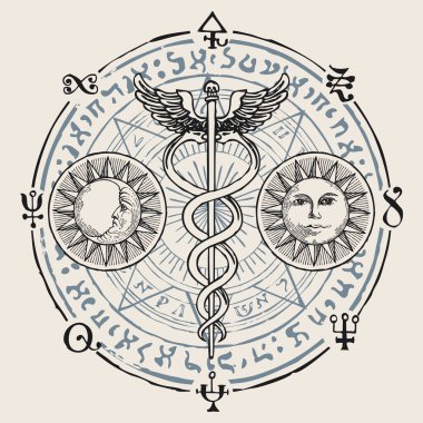 İki kanatlı ve iki yılanlı Caduceus. Hermes 'in el yazısıyla çizilmiş asası, güneş, ay, ezoterik işaretler ve daire şeklinde yazılmış sihirli semboller. Tıbbi sembol